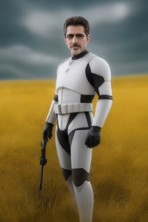 detailed cinematic photograph of a tall helmetless Stormtrooper, he has no helmet on, standing in tall dandelion grass | film grain, Canon R5, telephoto lens, bold and vibrant,face,real,StokeRealV1