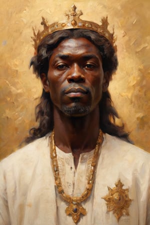 detailed oil painting of 50 year old slight Ibrahima, looking up, his hair is Brunette, he is wearing a shining golden crown,