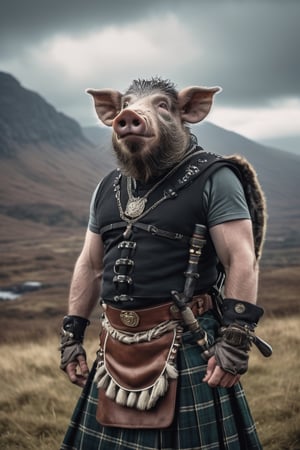 cinematic RAW photo of an anthro boar man wearing a scottish kilt and clansman clothing, large tusks, fearsome warrior | Scottish Highlands background | Natural Light, | high definition, super detailed, High contrast, defined blacks, silk, luxurious, elegant, decorative, symmetrical, ornate, expression of feelings, imaginative, highly detailed,anthro