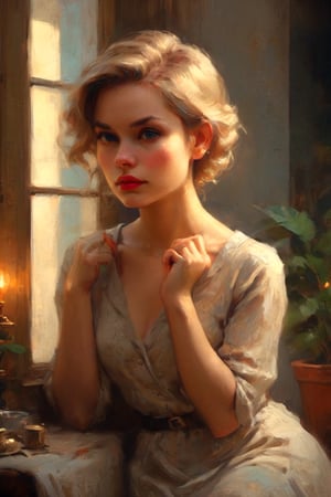 seductive female pixie sitting at the window with (golden light:1.1), it is Cleaning an apartment, Grace Kelly  in the style of ilya kuvshinov, dramatic lighting, fantasy, intricate, elegant, highly detailed, lifelike, photorealistic, digital painting, bokeh, HDR, high resolution, artstation, concept art, smooth, sharp focus, art by Krenz Cushart and Albert Aublet