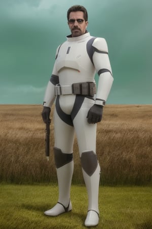 detailed cinematic photograph of a tall helmetless Stormtrooper, he has no helmet on, standing in tall dandelion grass | film grain, Canon R5, telephoto lens, bold and vibrant,face,real,StokeRealV1