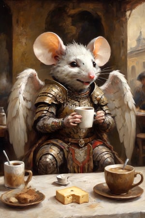 Absurd wabi-sabi mouse with cheese as Venezuelan Angel, drinking coffee in a cafe, dressed in Elegant Tribal Age armor