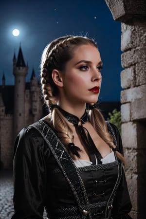 closeup of woman wearing gothic clothes, braided pigtails, in a castle, sharp focus, looking at the night time, Mystical atmosphere, cinematic