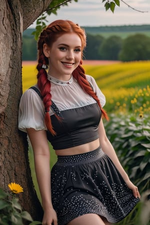 masterpiece, best quality, gorgeous pale american cute girl, smiling, (crop top), red hair loose braided hair, short polca skirt, lean against a tree, field, flowers smiling, perfectly symmetrical face, detailed skin, elegant, alluring, attractive, amazing photograph, masterpiece, best quality, 8K, high quality, photorealistic, realism, art photography, Nikon D850, 16k, sharp focus, masterpiece, breathtaking, atmospheric perspective, diffusion, pore correlation, skin imperfections, DSLR, 80mm Sigma f2, depth of field, intricate natural lighting, looking at camera
