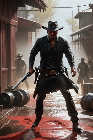 Intricate dynamic action shot of cowboy in a shootout, cinematic Steve Henderson Fabian Perez Henry Asencio Jeremy Mann Marc Simonetti Fantasy, red dead redemption 2 atmosphere, cinematic, #photograph