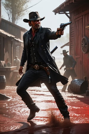 Intricate dynamic action shot of cowboy in a shootout, cinematic Steve Henderson Fabian Perez Henry Asencio Jeremy Mann Marc Simonetti Fantasy, red dead redemption 2 atmosphere, cinematic, #photograph