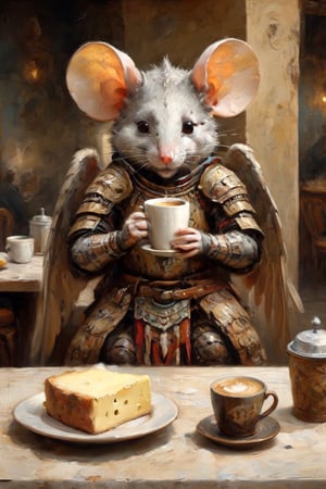 Absurd wabi-sabi mouse with cheese as Venezuelan Angel, drinking coffee in a cafe, dressed in Elegant Tribal Age armor