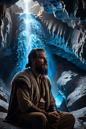 "a award winning heroic shot of a mountain king in a stunning detailed showcave, epic mountainking meditate about life, long curly beard, glowing blue eyes, cave is like a big dome, fantastic stalagmites and stalactites, (cinematic lighting:1.1), moody lights, heroic pose, in the style of photorealistic fantasy, still from a oscar winning fantasy movie, 50mm zeiss supreme prime lens, clear and sharp focus, shallow dof, fantasycore, stonecore, beautifully color graded, dynamic composition, sparkle, (diamonds:1.1), (lens flare:1.05)