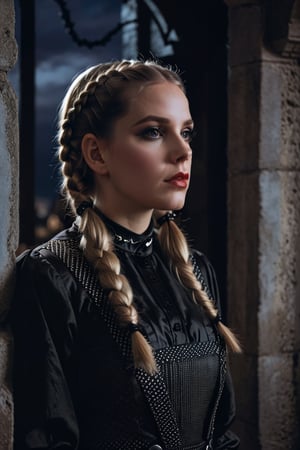 closeup of woman wearing gothic clothes, braided pigtails, in a castle, sharp focus, looking at the night time, Mystical atmosphere, cinematic