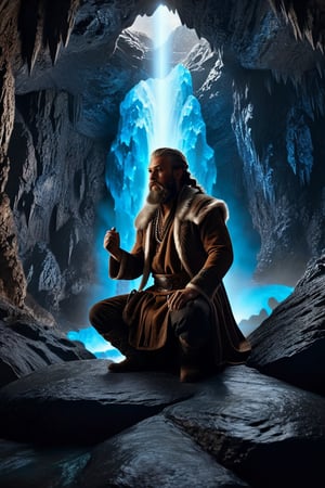 "a award winning heroic shot of a mountain king in a stunning detailed showcave, epic mountainking meditate about life, long curly beard, glowing blue eyes, cave is like a big dome, fantastic stalagmites and stalactites, (cinematic lighting:1.1), moody lights, heroic pose, in the style of photorealistic fantasy, still from a oscar winning fantasy movie, 50mm zeiss supreme prime lens, clear and sharp focus, shallow dof, fantasycore, stonecore, beautifully color graded, dynamic composition, sparkle, (diamonds:1.1), (lens flare:1.05)