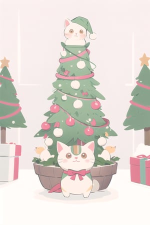(cute illustration:1.3),cute,kawaii,sweet, cat , christmas headwear, christmas, winter,  christmas decoration room, tree christmas,(erctric decoration:1.2)