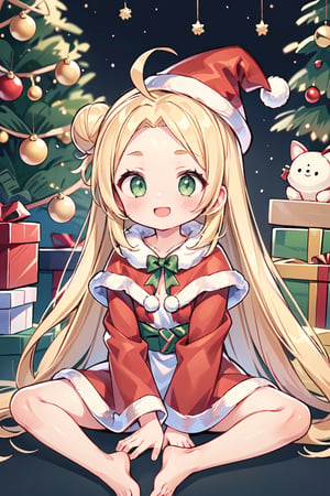 masterpiece,  best_quality,  detailed, Cute girl,
bell, christmas, christmas_ornaments, christmas_tree, fur-trimmed_headwear, fur_trim, santa_costume, santa_hat, hat, merry_christmas, santa_dress, gift, holly, fur-trimmed_capelet , gift_box, candy_cane, red_headwear, fur-trimmed_dress, fur-trimmed_sleeves, santa_boots, santa_bikini, smile, capelet, fur-trimmed_skirt, very_long_hair, hair_bell, bow, ornament, bobblehat, (1girl), (loli:1.2), (small_breasts:1.2), (absolute_cleavage, cleavage), looking_at_viewer,  ( solo_focus:1.2),  (forehead:1.1),  (slicked_back_hair:1.1),  (ahoge:1.1),  (double_buns),  (blonde_hair:1.2),  (straight_hair),  ( very_long_hair:1.3),  (green_eyes:1.2),  sleepy, (collarbones),  thighs, (bare_legs:1.2), barefeet,  (long sleeves:1.1),  (wide sleeves:1.1), (white clothes:1.1), ([white:red] sleeves:1.2),  red obi,  ( [transparent:red:white] shawl : 1.2), (hands_between_legs:1.3),