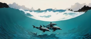 clear blue water,three dolphins swimming through the water, dramatic sky, art by TavitaNiko, art by mel odom, art by Klimt , art by frazetta,  