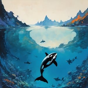 clear blue water, one orca swimming through the water, movie poster style art by TavitaNiko, art by mel odom, art by Klimt , art by frazetta,  
