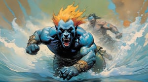 bear running at viewer, in water, Horror Comics style, art by brom, tattoo by ed hardy, shaved hair, neck tattoos andy warhol, heavily muscled, biceps,glam gore, horror, blue bear, demonic, hell visions, demonic women, military poster style, chequer board, vogue bear portrait, Horror Comics style, art by brom, smiling, lennon sun glasses, punk hairdo, tattoo by ed hardy, shaved hair, neck tattoos by andy warhol, heavily muscled, biceps, glam gore, horror, poster style, ,action shot