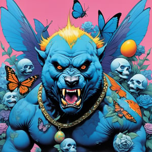 Blue bear with many baby bear, Horror Comics style, art by brom, tattoo by ed hardy, shaved hair, neck tattoos andy warhol, heavily muscled, biceps,glam gore, horror, blue bear, demonic, hell visions, demonic women, military poster style, chequer board, vogue bear portrait, Horror Comics style, art by brom, smiling, lennon sun glasses, punk hairdo, tattoo by ed hardy, shaved hair, neck tattoos by andy warhol, heavily muscled, biceps, glam gore, horror, poster style, flower garden, Easter eggs, coloured foil, oversized monarch butterflies, tropical fish, flower garden,