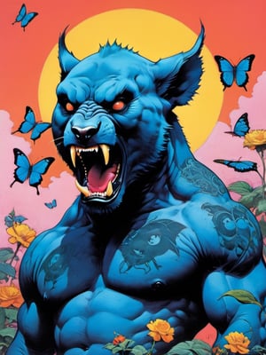 Blue bear growling, howling at the moon, Horror Comics style, art by brom, tattoo by ed hardy, shaved hair, neck tattoos andy warhol, heavily muscled, biceps,glam gore, horror, blue bear, demonic, hell visions, demonic women, military poster style, chequer board, vogue bear portrait, Horror Comics style, art by brom, smiling, lennon sun glasses, punk hairdo, tattoo by ed hardy, shaved hair, neck tattoos by andy warhol, heavily muscled, biceps, glam gore, horror, poster style, flower garden, Easter eggs, coloured foil, oversized monarch butterflies, tropical fish, flower garden,
