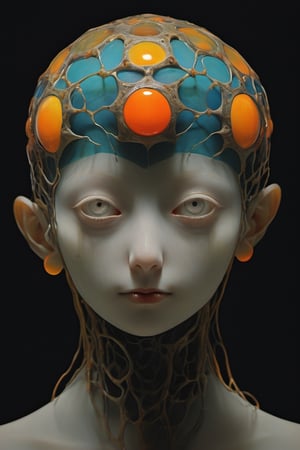 art by yashitomo nara, photo by man ray, a cube shaped head on shoulders, stunning beauty, hyper-realistic oil painting, vibrant colors, dark chiarascuro lighting, a telephoto shot, 1000mm lens, f2,8, ,p3rfect boobs,Vogue,more detail XL