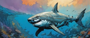 clear blue water,a great white shark swimming menacingly through the water, dramatic sky, art by TavitaNiko, art by mel odom, art by Klimt , art by frazetta,  ,action shot