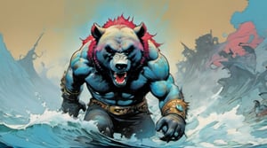 bear running at viewer, in water, Horror Comics style, art by brom, tattoo by ed hardy, shaved hair, neck tattoos andy warhol, heavily muscled, biceps,glam gore, horror, blue bear, demonic, hell visions, demonic women, military poster style, chequer board, vogue bear portrait, Horror Comics style, art by brom, smiling, lennon sun glasses, punk hairdo, tattoo by ed hardy, shaved hair, neck tattoos by andy warhol, heavily muscled, biceps, glam gore, horror, poster style, 