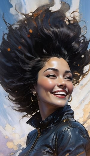 a hot girl laughing at the sky, stars in the sky, her hair blowing in the wind, twilight, late sunset, painterly strokes of the brush, art by TavitaNiko, art by mel odom, art by Klimt , art by brom, art by Warhol, art by frazetta, perfectbreasts, 