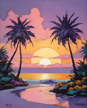 Art Nouveau style, oil-painted by TavitaNiko. The setting sun casts a warm, golden light on a row of palm trees, swaying gently against a backdrop of lilac, pink, mint, and yellow hues.The overall color palette evokes Warhol's pop art aesthetic, while Frazetta's painterly style influences the whimsical, dreamlike atmosphere.