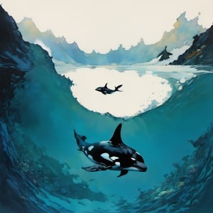clear blue water, one orca swimming through the water, movie poster style art by TavitaNiko, art by mel odom, art by Klimt , art by frazetta,  
