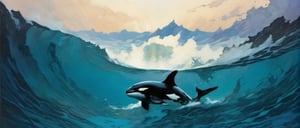 clear blue water, one orca swimming through the water, a dramatic lightening strike in the sky, art by TavitaNiko, art by mel odom, art by Klimt , art by frazetta,  