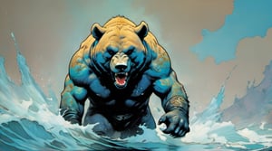 bear running at viewer, in water, Horror Comics style, art by brom, tattoo by ed hardy, shaved hair, neck tattoos andy warhol, heavily muscled, biceps,glam gore, horror, blue bear, demonic, hell visions, demonic women, military poster style, chequer board, vogue bear portrait, Horror Comics style, art by brom, smiling, lennon sun glasses, punk hairdo, tattoo by ed hardy, shaved hair, neck tattoos by andy warhol, heavily muscled, biceps, glam gore, horror, poster style, 