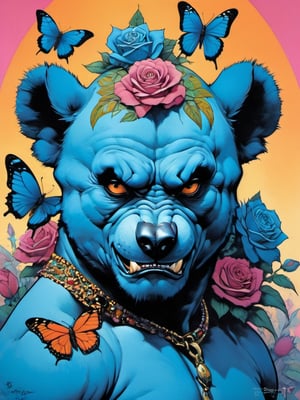 Blue bear with many baby bears, Horror Comics style, art by brom, tattoo by ed hardy, shaved hair, neck tattoos andy warhol, heavily muscled, biceps,glam gore, horror, blue bear, demonic, hell visions, demonic women, military poster style, chequer board, vogue bear portrait, Horror Comics style, art by brom, smiling, lennon sun glasses, punk hairdo, tattoo by ed hardy, shaved hair, neck tattoos by andy warhol, heavily muscled, biceps, glam gore, horror, poster style, flower garden, Easter eggs, coloured foil, oversized monarch butterflies, tropical fish, flower garden,