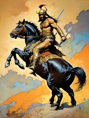 an oil painting, a masterpiece, a conqueror to conquer, a warrior riding a large horse into battle, art by TavitaNiko, art by mel odom, art by Klimt , art by brom, art by Warhol, art by frazetta, 