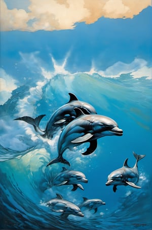  a tropical lagoon, clear blue water, dolphins swimming, water splashing, sky, art by TavitaNiko, art by mel odom, art by Klimt , art by frazetta,  