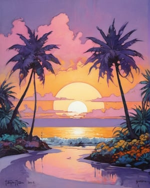 Here's a prompt for an image that combines the requested elements:

A Miami Vice-inspired masterpiece in Art Nouveau style, oil-painted by TavitaNiko. The setting sun casts a warm, golden light on a row of palm trees, swaying gently against a backdrop of lilac, pink, mint, and yellow hues. In the foreground, a stylized poster-style design featuring the words 'La Vie En Rose' in bold, white letters, surrounded by delicate filigree and ornate flourishes reminiscent of Klimt's work. The overall color palette evokes Warhol's pop art aesthetic, while Frazetta's fantasy illustrations influence the whimsical, dreamlike atmosphere.