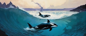 clear blue water, one orca swimming through the water, a dramatic lightening strike in the sky, movie poster style art by TavitaNiko, art by mel odom, art by Klimt , art by frazetta,  