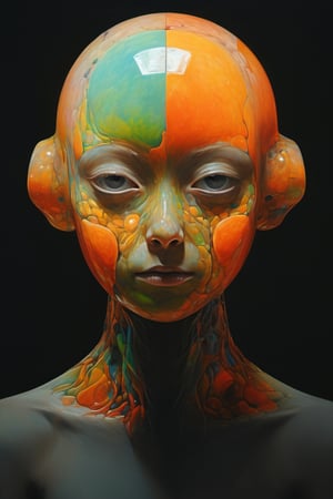art by yashitomo nara, a cube shaped head, skin stretched tightly over the square head, stunning beauty, hyper-realistic oil painting, vibrant colors, dark chiarascuro lighting, a telephoto shot, 1000mm lens, f2,8, ,p3rfect boobs,Vogue,more detail XL