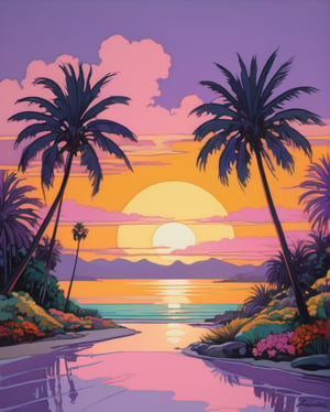 Art Nouveau style, oil-painted by TavitaNiko. The setting sun casts a warm, golden light on a row of palm trees, swaying gently against a backdrop of lilac, pink, mint, and yellow hues.The overall color palette evokes Warhol's pop art aesthetic, while Frazetta's painterly style influences the whimsical, dreamlike atmosphere.