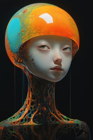 art by yashitomo nara, a cube shaped head, stunning beauty, hyper-realistic, 4K, oil painting, vibrant colors, dark chiarascuro lighting, a telephoto shot, 1000mm lens, f2,8, ,p3rfect boobs,Vogue,more detail XL