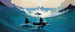 clear blue water, one orca swimming through the water, a dramatic lightning strike in the sky, movie poster style art by TavitaNiko, art by mel odom, art by Klimt , art by frazetta,  