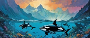 clear blue water,three orcas swimming through the water, dramatic lightening in the sky, art by TavitaNiko, art by mel odom, art by Klimt , art by frazetta,  