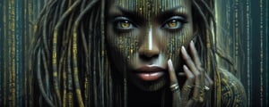 A dark black Nubian woman, extreme close up of her lips, ed hardy tatoos bold flat colour, luminous led tattoos on her hands and face, A charming character, bold, edgy, ethereal, immaculate composition, brian viveros, jean-baptiste, monge, dynamic pose, dynamic light and shadow, 8k resolution, digital art, art by sergio toppi, art design by sergio toppi,  more detail XL, close up, Oil painting, 8k, highly detailed,close up of both lips, 1000 mm lens, tamron, f2.8,  1 inch depth of field, focus on the lips, ,Matrix code