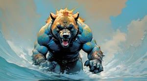 bear running at viewer, in water, Horror Comics style, art by brom, tattoo by ed hardy, shaved hair, neck tattoos andy warhol, heavily muscled, biceps,glam gore, horror, blue bear, demonic, hell visions, demonic women, military poster style, chequer board, vogue bear portrait, Horror Comics style, art by brom, smiling, lennon sun glasses, punk hairdo, tattoo by ed hardy, shaved hair, neck tattoos by andy warhol, heavily muscled, biceps, glam gore, horror, poster style, ,action shot