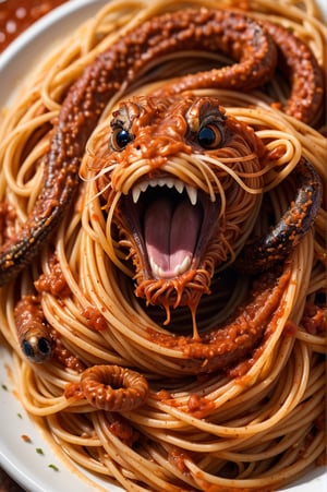 spaghetti bolognaise, close up, 8k, very sharp focus , telephoto lens, f 2, a rich tomato sauce, spaghetti that twists aroung like (((worms))), a little snake sticks its head out of the pasta, art by TavitaNiko, art by mel odom, art by Klimt ,action shot