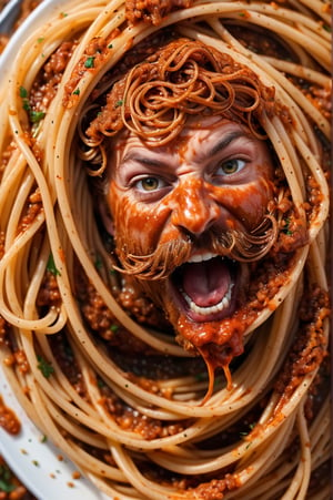 spaghetti bolognaise, close up, 8k, very sharp focus , telephoto lens, f 2, a rich tomato sauce, spaghetti that twists aroung like (((worms))), a little snake sticks its head out of the pasta, art by TavitaNiko, art by mel odom, art by Klimt ,action shot