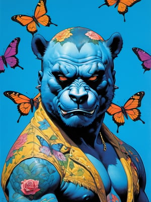 Blue bear with many baby bear, Horror Comics style, art by brom, tattoo by ed hardy, shaved hair, neck tattoos andy warhol, heavily muscled, biceps,glam gore, horror, blue bear, demonic, hell visions, demonic women, military poster style, chequer board, vogue bear portrait, Horror Comics style, art by brom, smiling, lennon sun glasses, punk hairdo, tattoo by ed hardy, shaved hair, neck tattoos by andy warhol, heavily muscled, biceps, glam gore, horror, poster style, flower garden, Easter eggs, coloured foil, oversized monarch butterflies, tropical fish, flower garden,