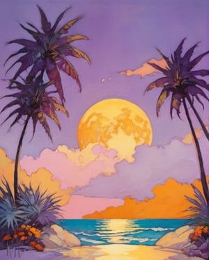 Here's a prompt for an image that combines the requested elements:

A Miami Vice-inspired masterpiece in Art Nouveau style, oil-painted by TavitaNiko. The setting sun casts a warm, golden light on a row of palm trees, swaying gently against a backdrop of lilac, pink, mint, and yellow hues. In the foreground, a stylized poster-style design featuring the words 'La Vie En Rose' in bold, white letters, surrounded by delicate filigree and ornate flourishes reminiscent of Klimt's work. The overall color palette evokes Warhol's pop art aesthetic, while Frazetta's fantasy illustrations influence the whimsical, dreamlike atmosphere.