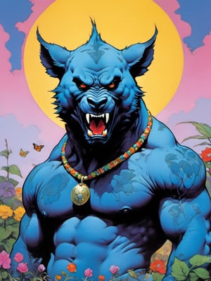 Blue bear growling, howling at the moon, Horror Comics style, art by brom, tattoo by ed hardy, shaved hair, neck tattoos andy warhol, heavily muscled, biceps,glam gore, horror, blue bear, demonic, hell visions, demonic women, military poster style, chequer board, vogue bear portrait, Horror Comics style, art by brom, smiling, lennon sun glasses, punk hairdo, tattoo by ed hardy, shaved hair, neck tattoos by andy warhol, heavily muscled, biceps, glam gore, horror, poster style, flower garden, Easter eggs, coloured foil, oversized monarch butterflies, tropical fish, flower garden,