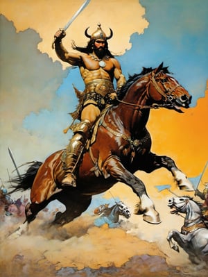 an oil painting, a masterpiece, a conqueror to conquer, a warrior riding a large horse into battle, art by TavitaNiko, art by mel odom, art by Klimt , art by brom, art by Warhol, art by frazetta, 
