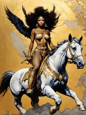 an oil painting, a masterpiece, a black female angel, gold and black wings sread out behind her, sat on a white horse, intricate jewellery, subtle tattoos,  painterly strokes of the brush, art by TavitaNiko, art by mel odom, art by Klimt , art by brom, art by Warhol, art by frazetta, 