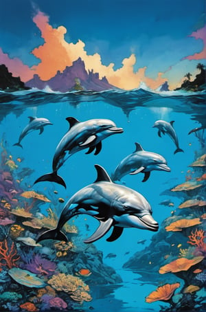  a tropical lagoon, clear blue water, dolphins swimming, water splashing, dramatic sky, art by TavitaNiko, art by mel odom, art by Klimt , art by Warhol, art by frazetta,  