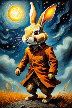 By Van gogh, Sun, wind, a rabbit, on a sunny day, oil painting, highly detailed, sharpness, dynamic lighting, super detailing, van gogh starry nights background, painterley effect, post impressionism, ,oil painting, in the style of esao andrews,halloween,Leonardo Style